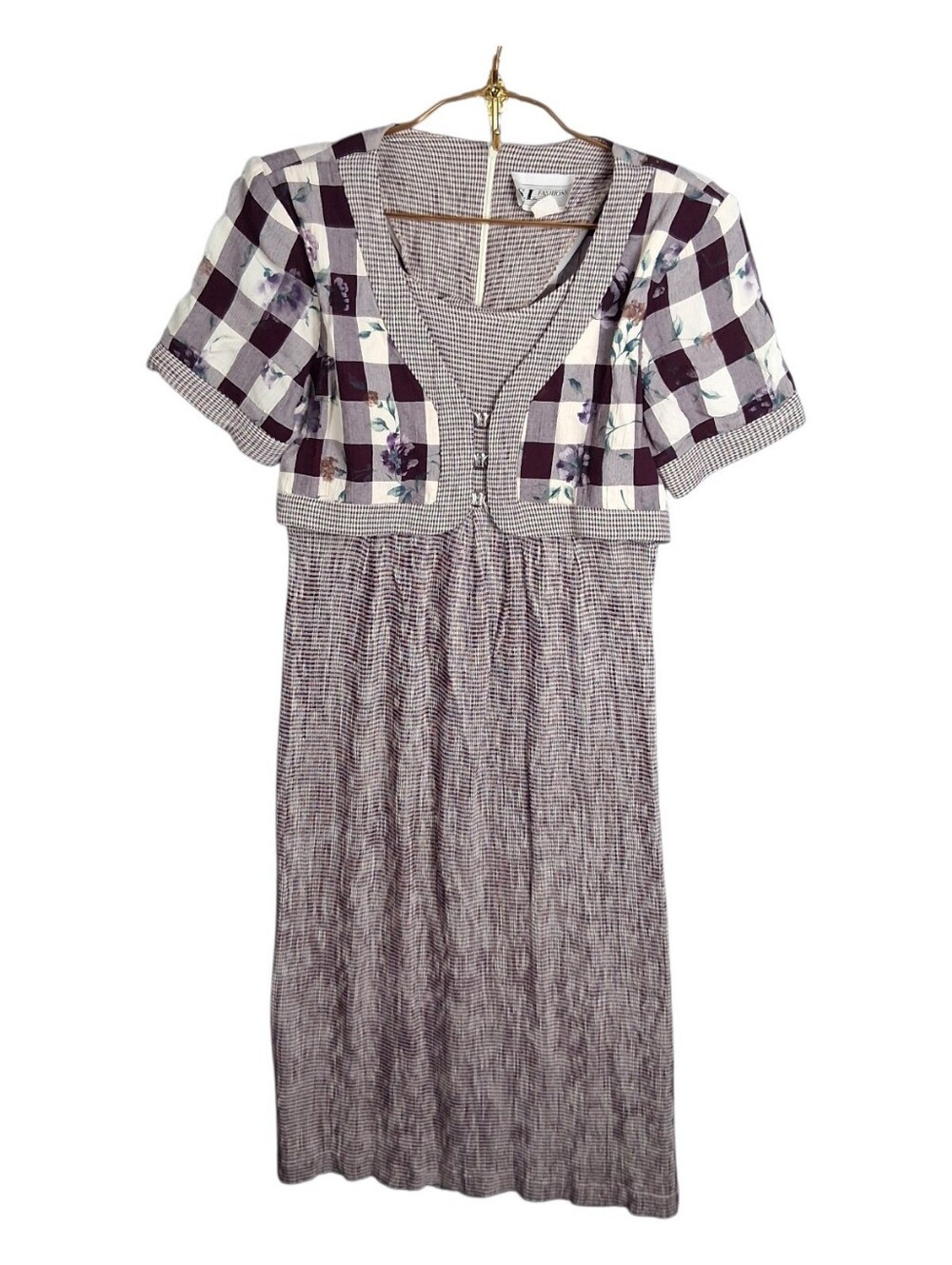 VTG 90s SL Fashions Faux Vest Dress Womens 8 Gingham Plaid Floral Midi Cottage